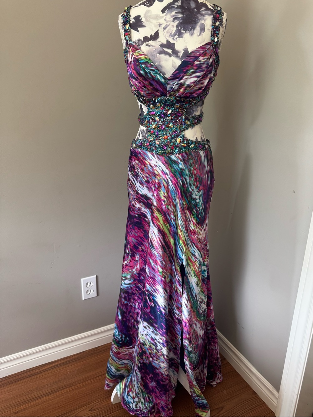 Y2K Deb Multicolour Sequins & Gemstone Cutout Prom Gown In Purple, Teal, Pink